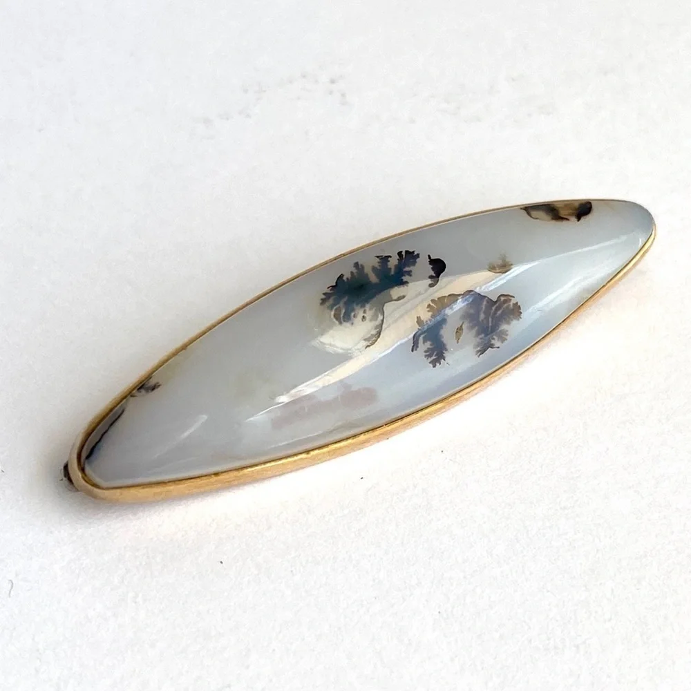 14K Gold Agate Brooch Montana‎ Moss Antique Vintage Art Deco 40s 50s Stone Pin